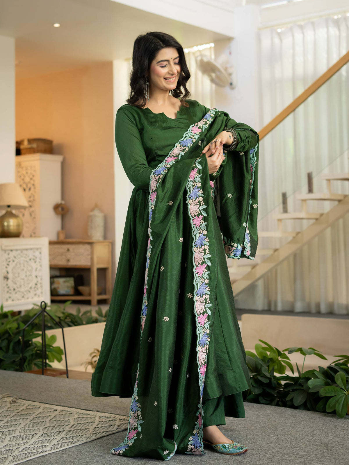 Dark Green Anarkali Gown with Multicolor Floral Embroidered Dupatta