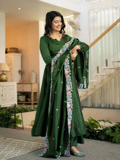 Dark Green Anarkali Gown with Multicolor Floral Embroidered Dupatta