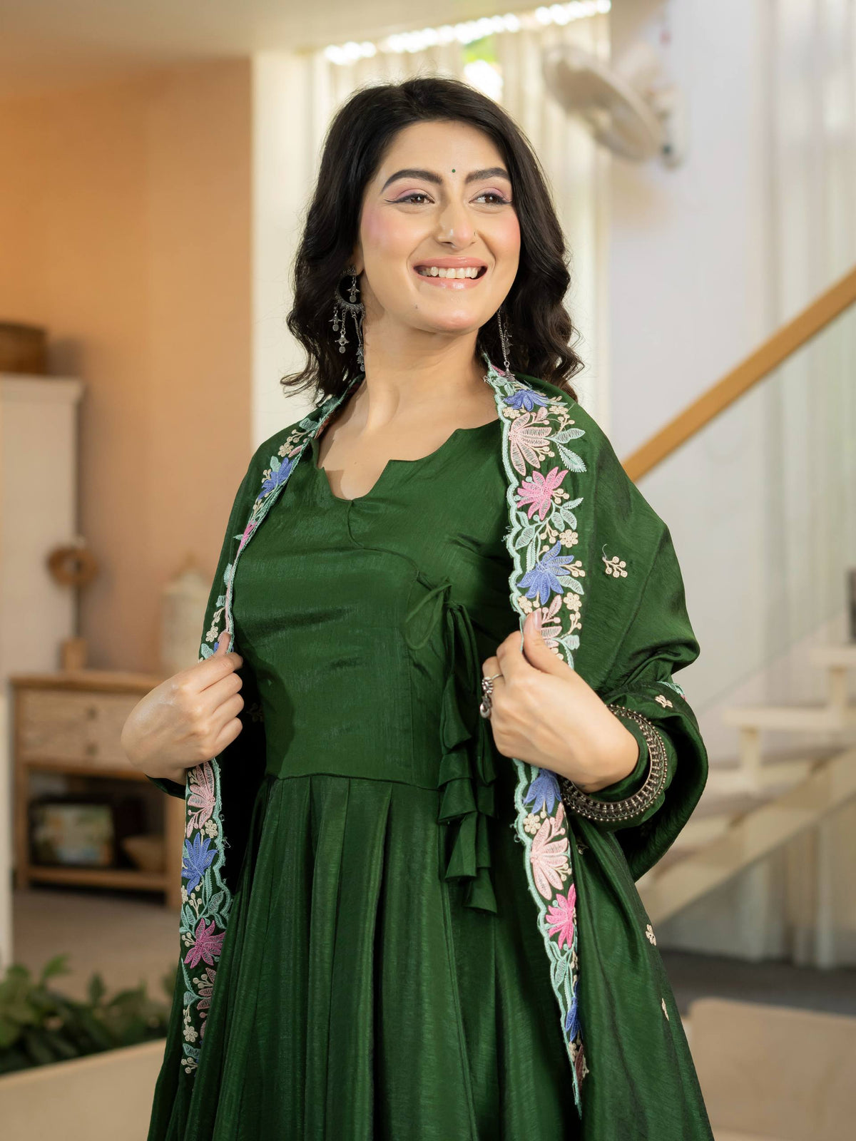 Dark Green Anarkali Gown with Multicolor Floral Embroidered Dupatta