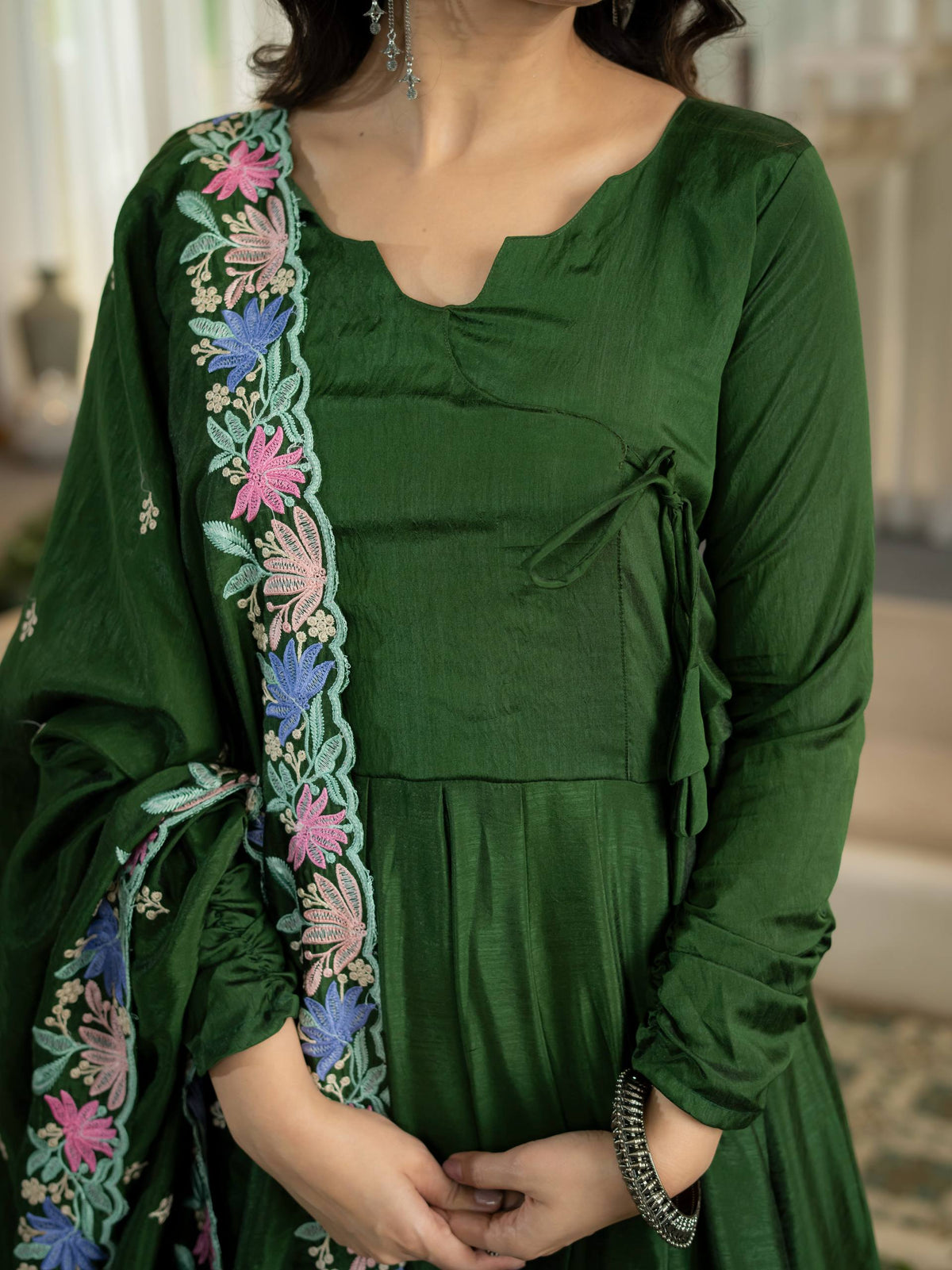 Dark Green Anarkali Gown with Multicolor Floral Embroidered Dupatta