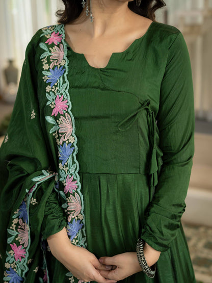 Dark Green Anarkali Gown with Multicolor Floral Embroidered Dupatta