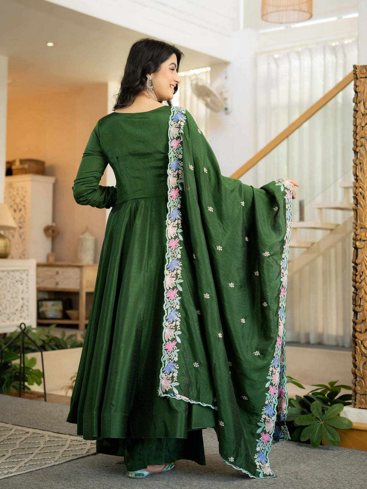Dark Green Anarkali Gown with Multicolor Floral Embroidered Dupatta