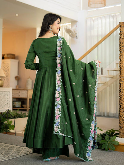 Dark Green Anarkali Gown with Multicolor Floral Embroidered Dupatta