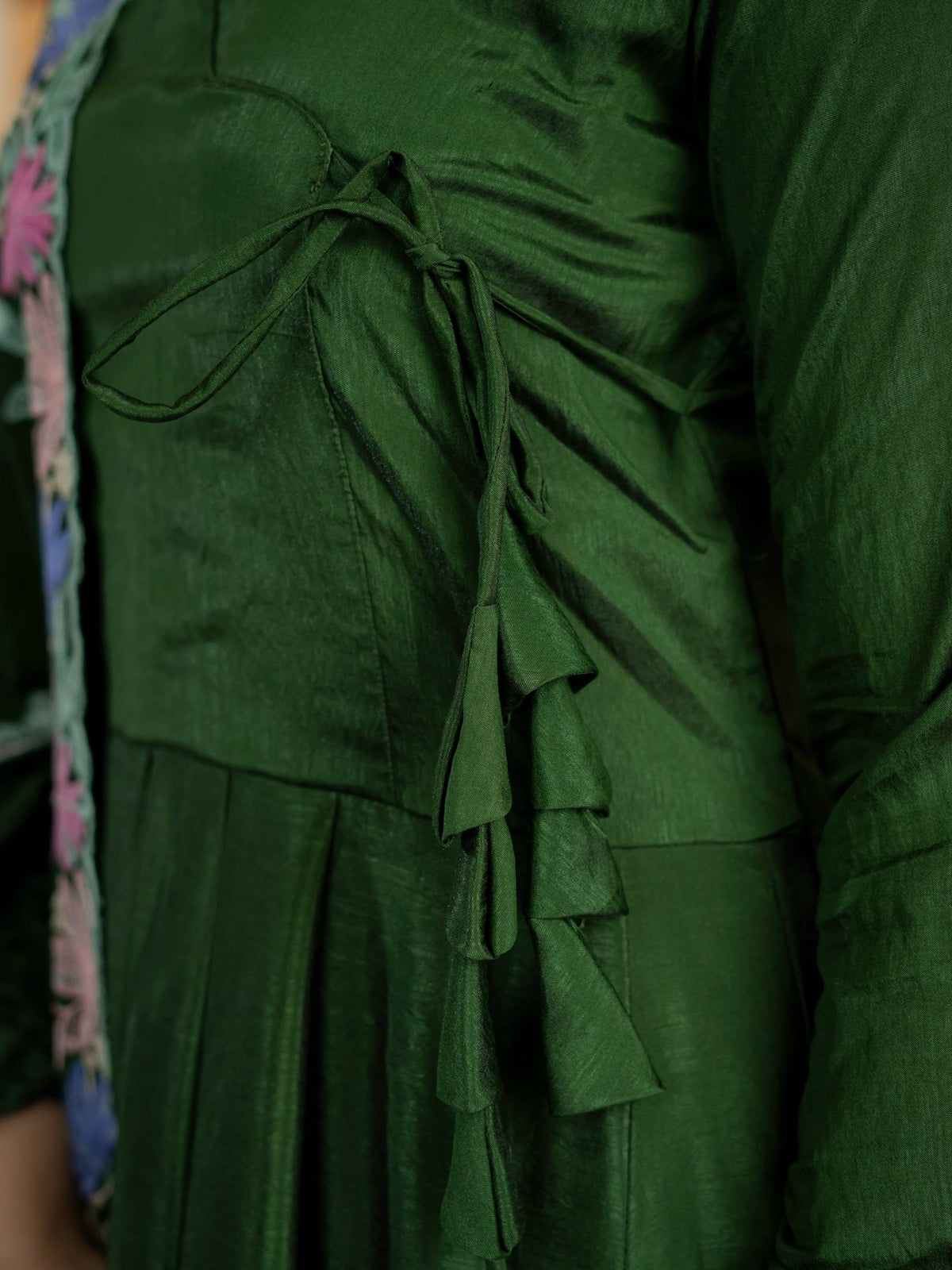 Dark Green Anarkali Gown with Multicolor Floral Embroidered Dupatta