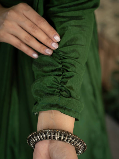 Dark Green Anarkali Gown with Multicolor Floral Embroidered Dupatta