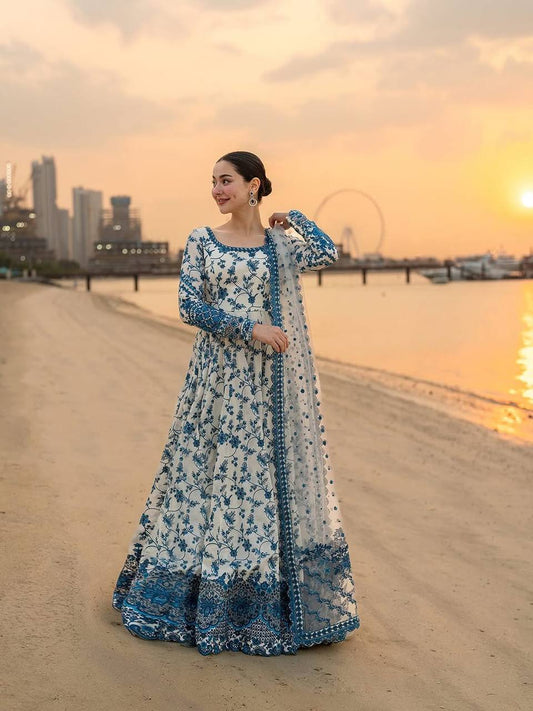 Hania Aamir Inspired Elegant White & Blue Floral Anarkali Gown with Dupatta