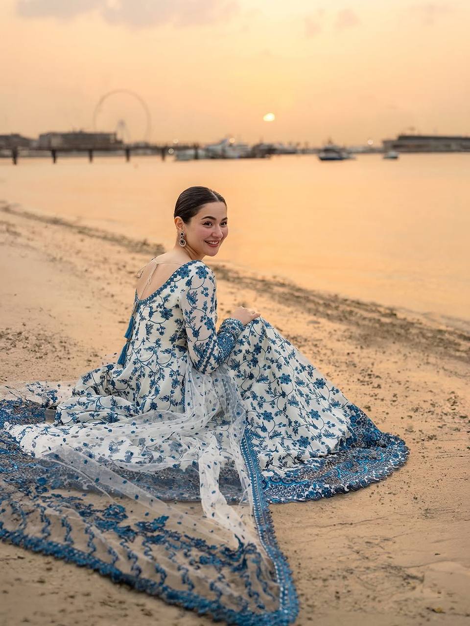 Hania Aamir Inspired Elegant White & Blue Floral Anarkali Gown with Dupatta