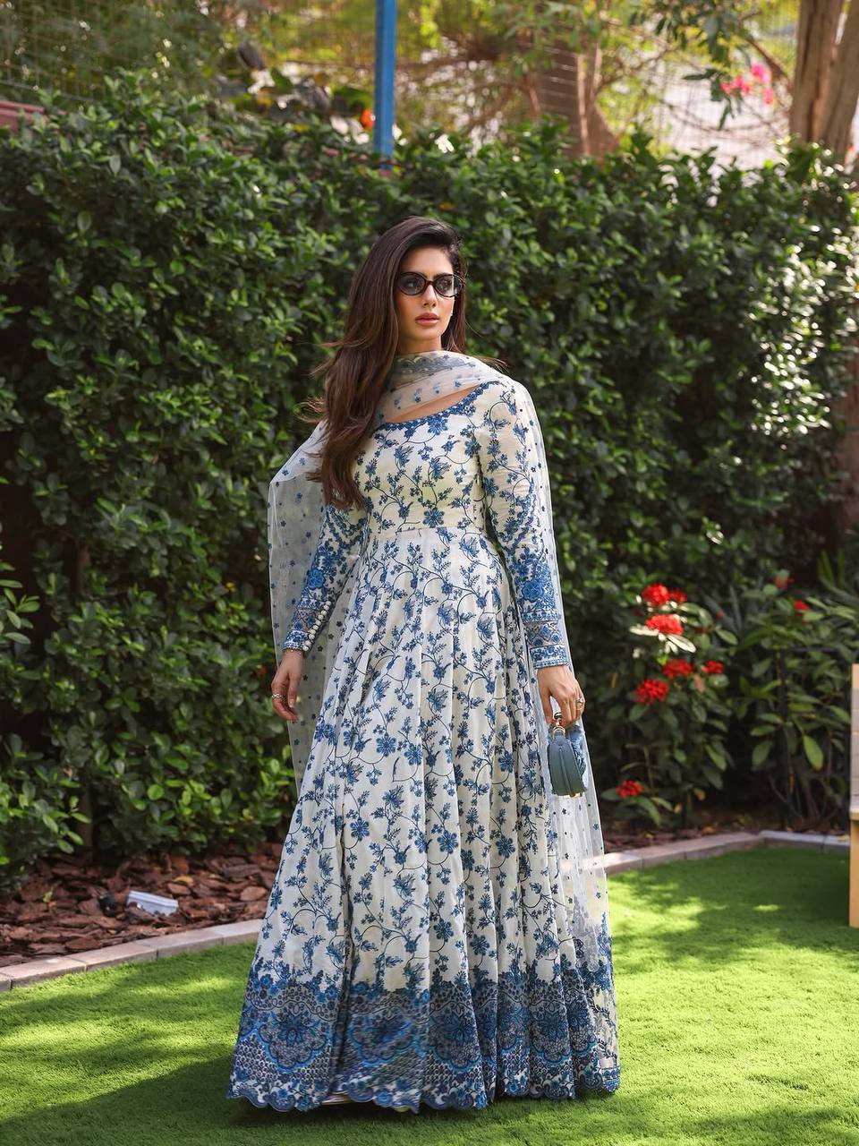 Hania Aamir Inspired Elegant White & Blue Floral Anarkali Gown with Dupatta