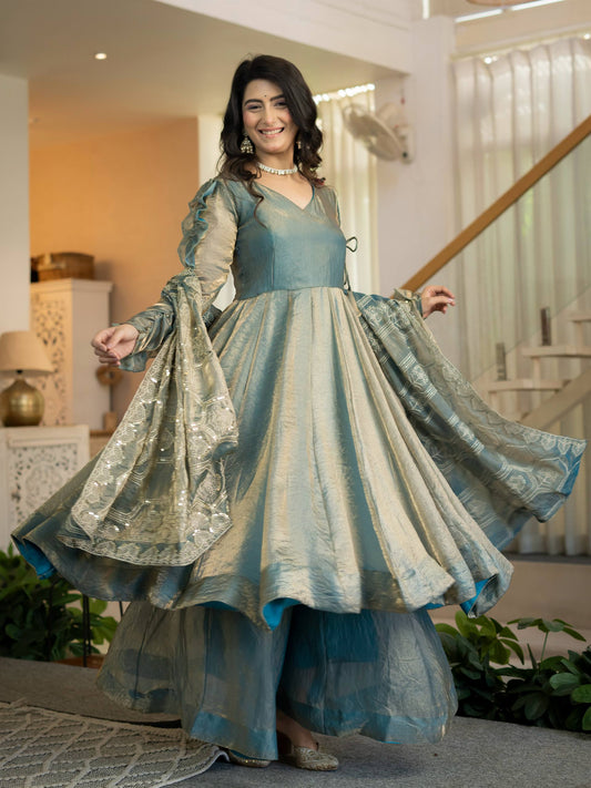 Elegant Ice Blue Silk Anarkali Gown with Flared Palazzo and Embroidered Dupatta