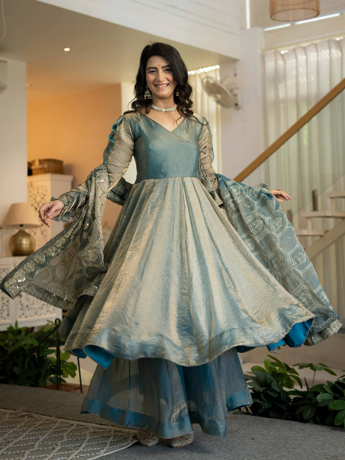Elegant Ice Blue Silk Anarkali Gown with Flared Palazzo and Embroidered Dupatta