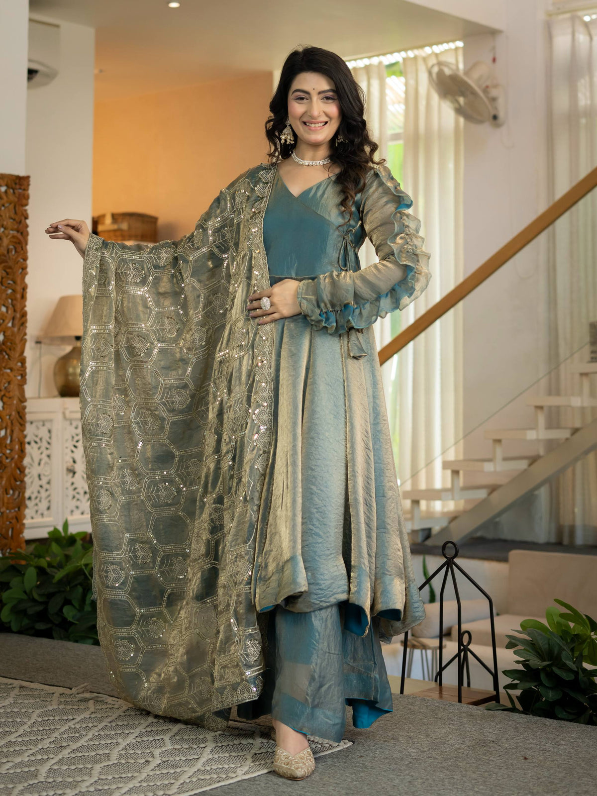 Elegant Ice Blue Silk Anarkali Gown with Flared Palazzo and Embroidered Dupatta