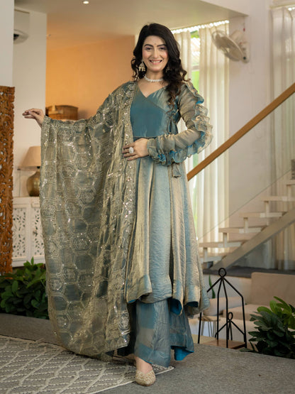 Elegant Ice Blue Silk Anarkali Gown with Flared Palazzo and Embroidered Dupatta