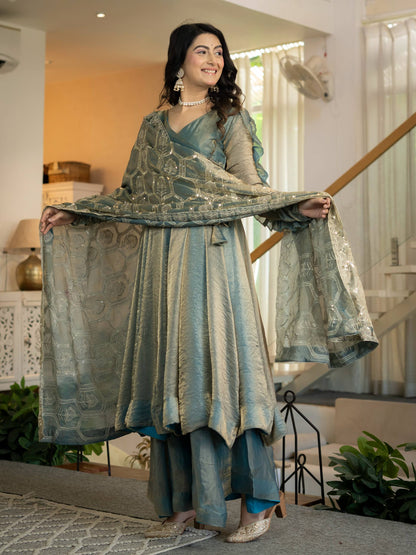 Elegant Ice Blue Silk Anarkali Gown with Flared Palazzo and Embroidered Dupatta