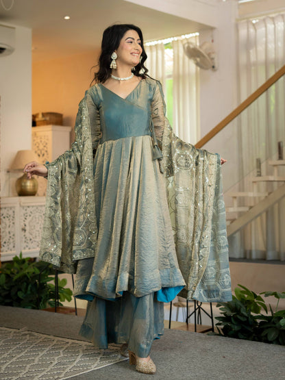 Elegant Ice Blue Silk Anarkali Gown with Flared Palazzo and Embroidered Dupatta