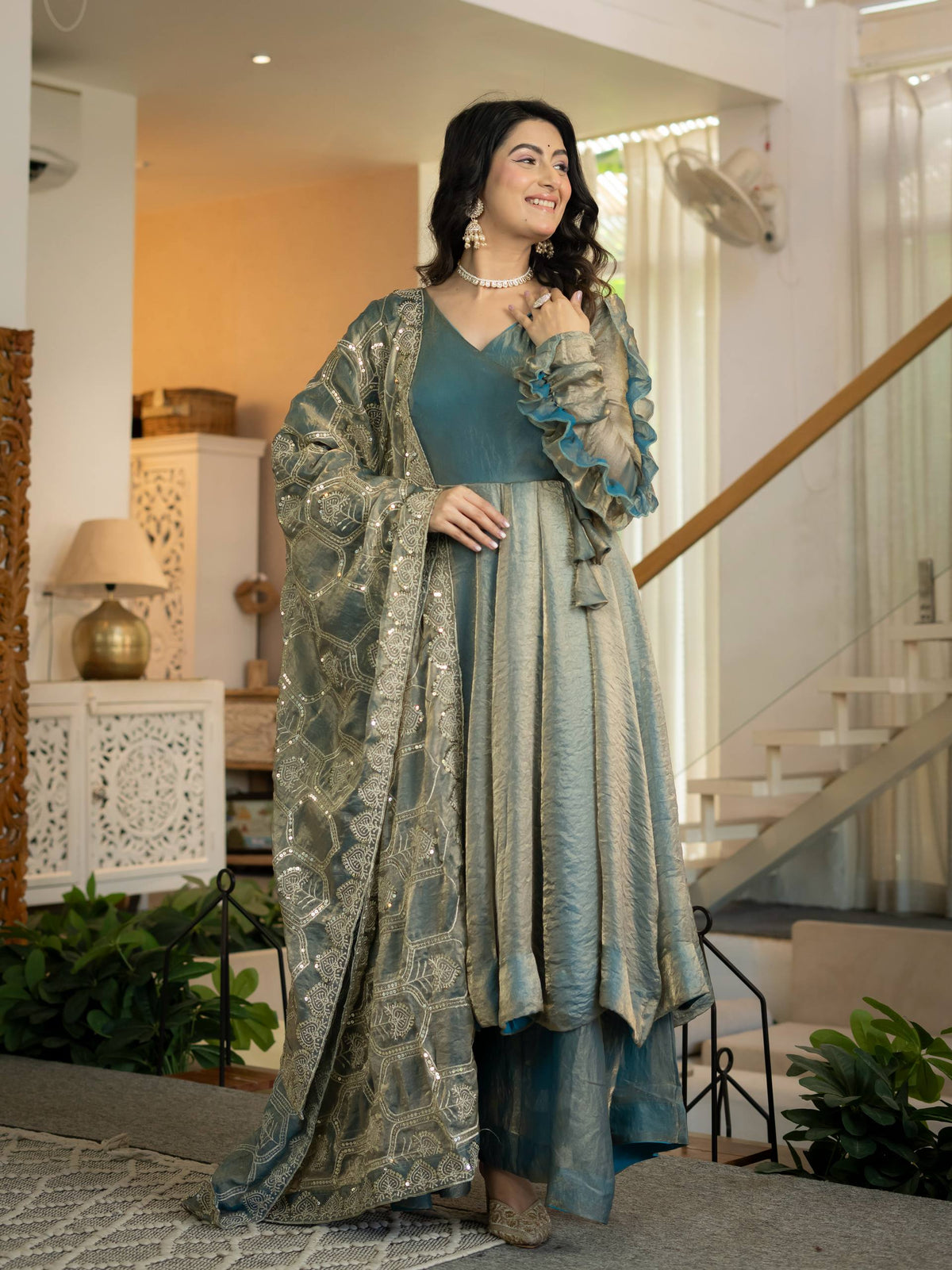 Elegant Ice Blue Silk Anarkali Gown with Flared Palazzo and Embroidered Dupatta