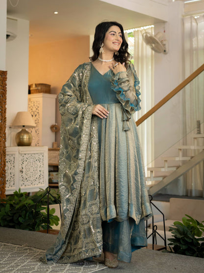Elegant Ice Blue Silk Anarkali Gown with Flared Palazzo and Embroidered Dupatta