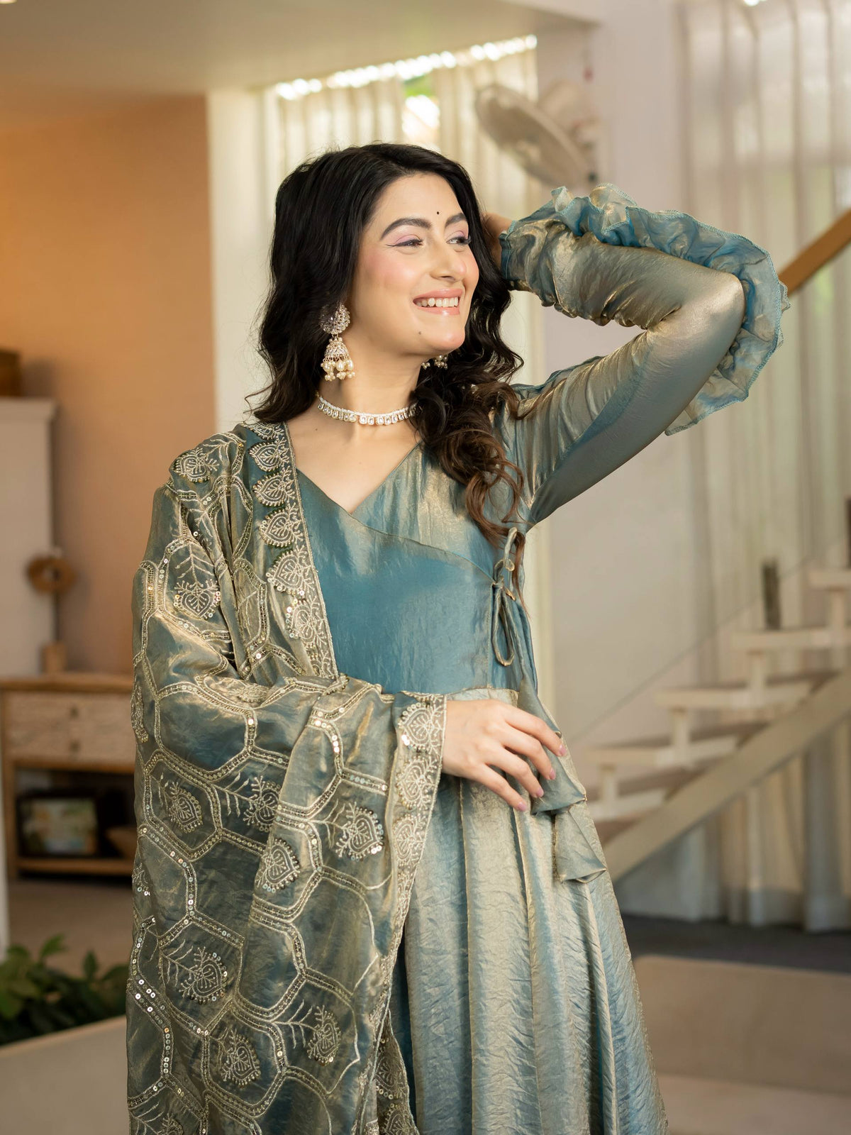 Elegant Ice Blue Silk Anarkali Gown with Flared Palazzo and Embroidered Dupatta