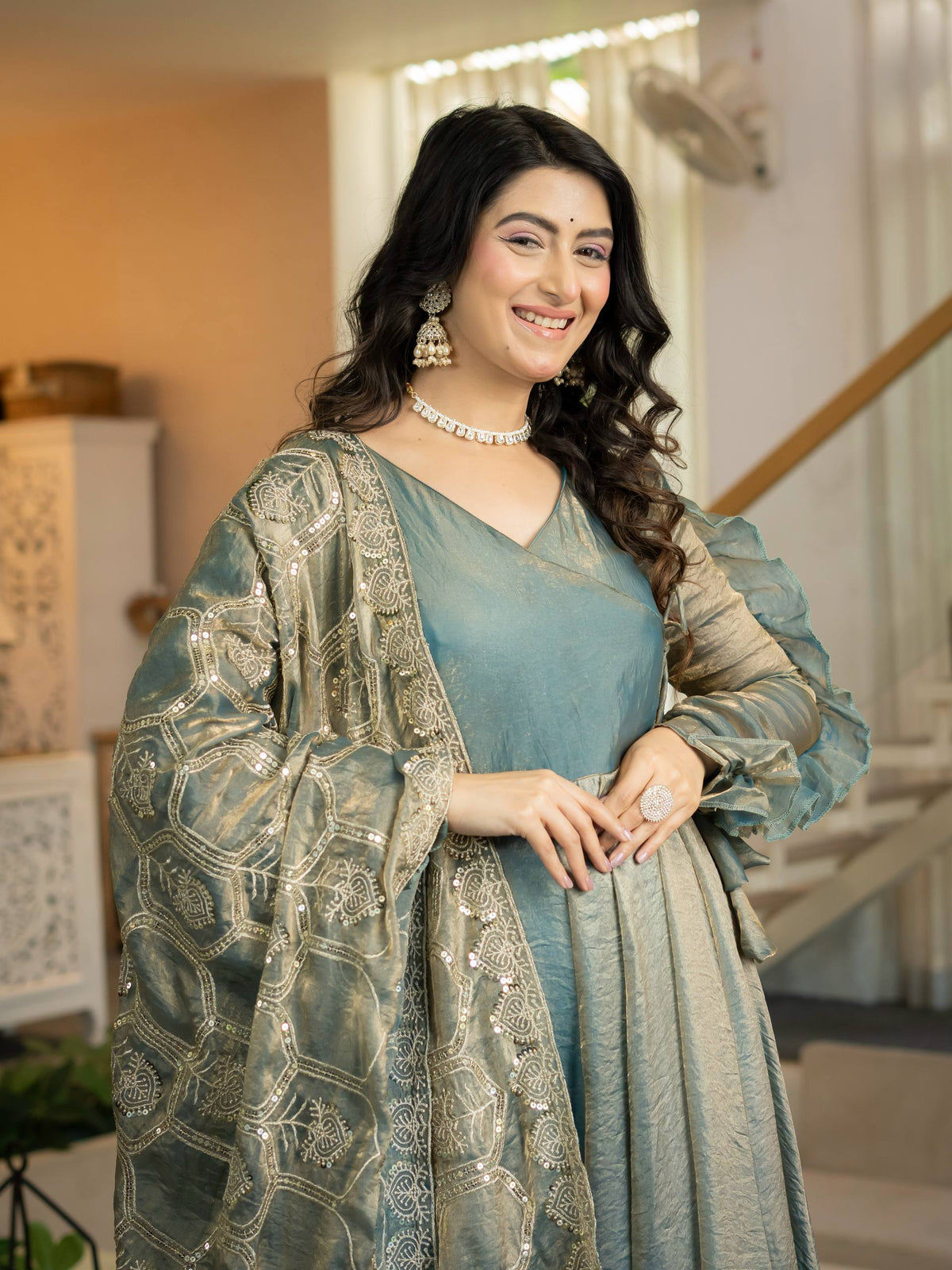 Elegant Ice Blue Silk Anarkali Gown with Flared Palazzo and Embroidered Dupatta