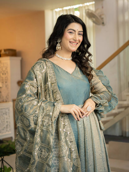Elegant Ice Blue Silk Anarkali Gown with Flared Palazzo and Embroidered Dupatta