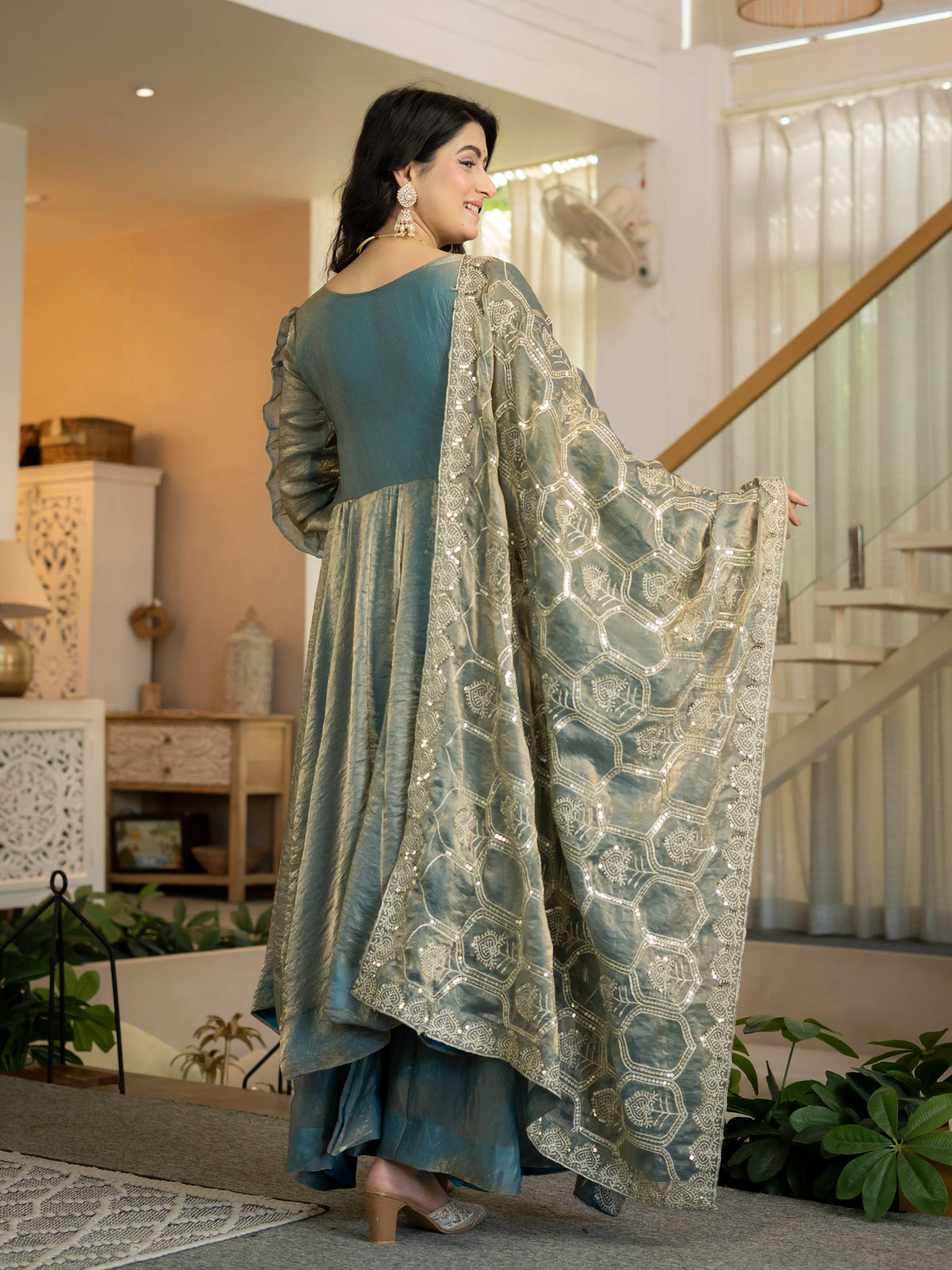 Elegant Ice Blue Silk Anarkali Gown with Flared Palazzo and Embroidered Dupatta