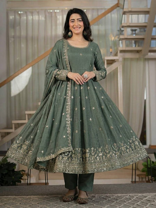 Sage Green Anarkali Suit with Golden Embroidery, Matching Pants & Dupatta