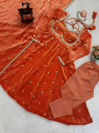 Peach Silk Anarkali Dress with Sequence Work Dupatta