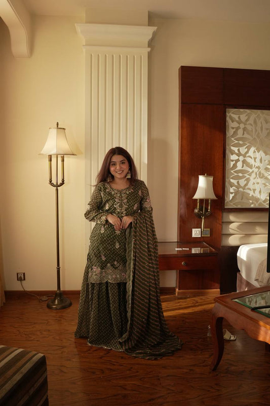 Olive Green Printed Chinnon Sharara Suit with Embroidered Kurta and Dupatta