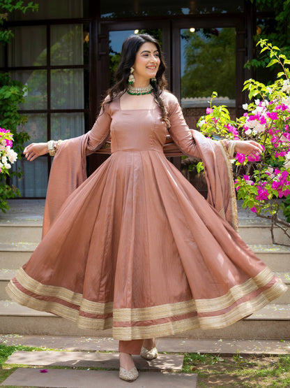 Dusty Rose Pink Anarkali Gown with Golden Border & Matching Dupatta
