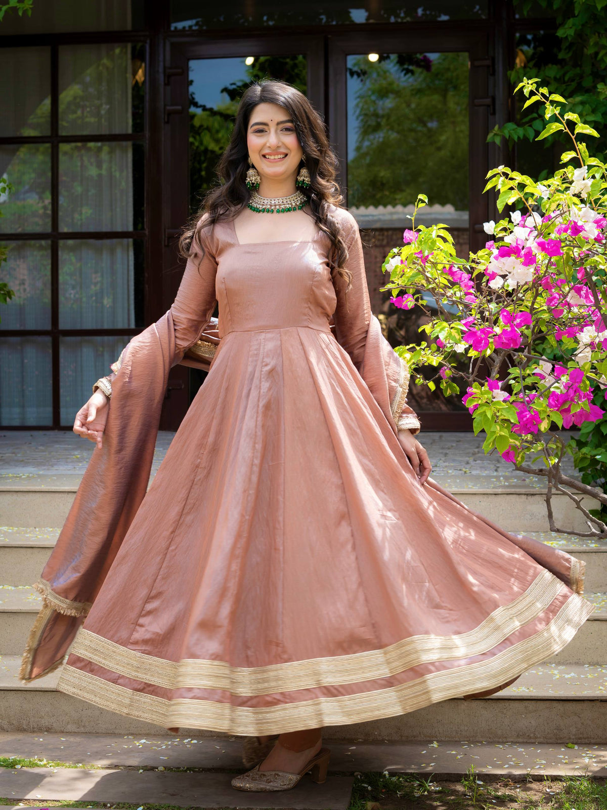Dusty Rose Pink Anarkali Gown with Golden Border & Matching Dupatta