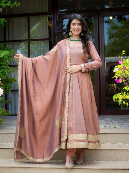 Dusty Rose Pink Anarkali Gown with Golden Border & Matching Dupatta