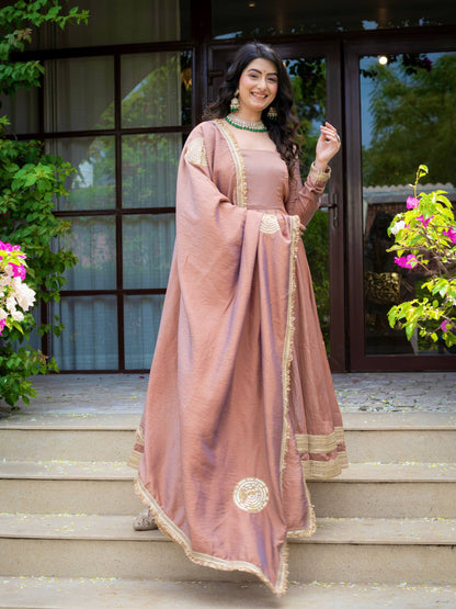 Dusty Rose Pink Anarkali Gown with Golden Border & Matching Dupatta