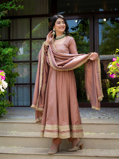 Dusty Rose Pink Anarkali Gown with Golden Border & Matching Dupatta