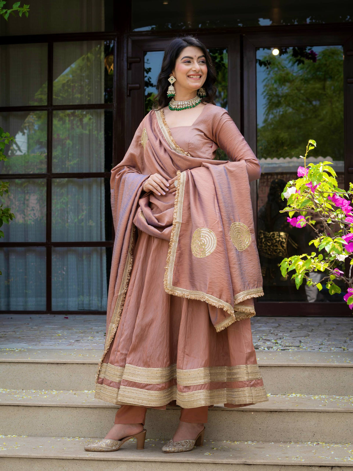 Dusty Rose Pink Anarkali Gown with Golden Border & Matching Dupatta