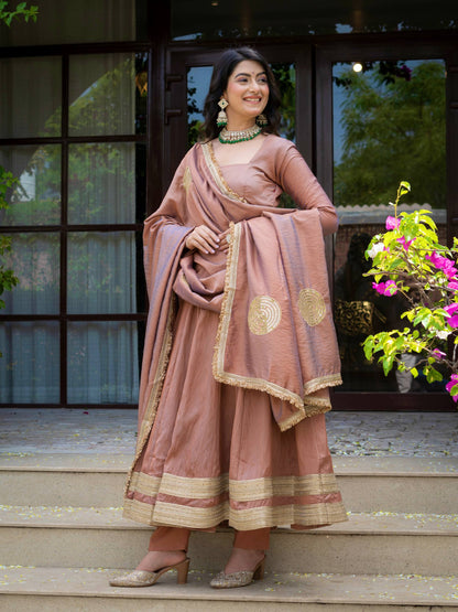 Dusty Rose Pink Anarkali Gown with Golden Border & Matching Dupatta