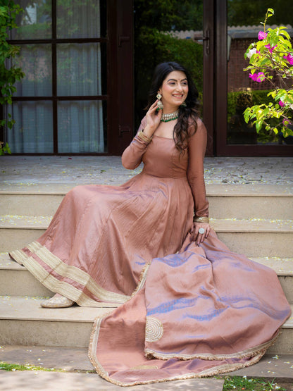 Dusty Rose Pink Anarkali Gown with Golden Border & Matching Dupatta