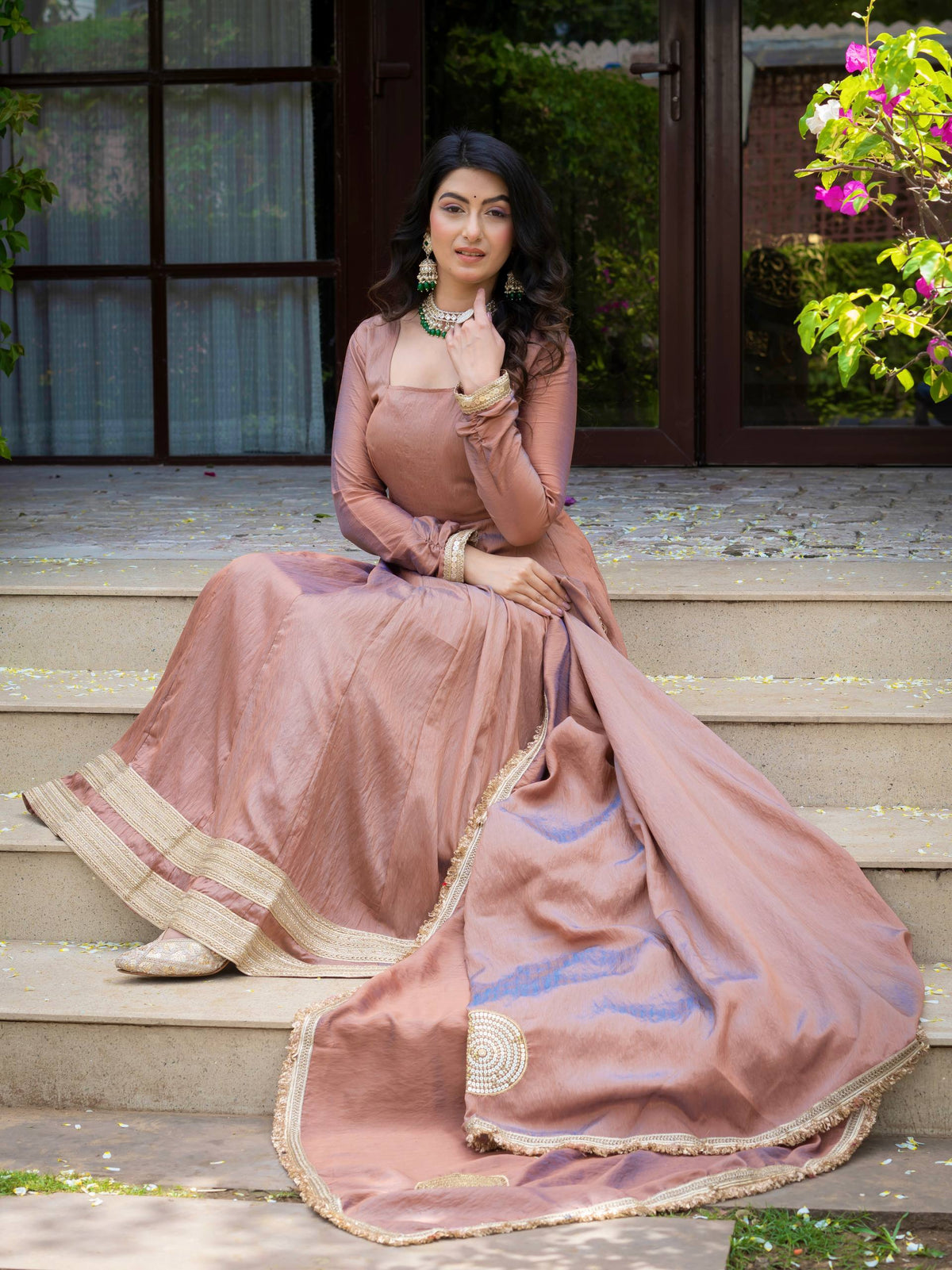 Dusty Rose Pink Anarkali Gown with Golden Border & Matching Dupatta