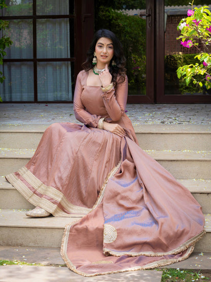 Dusty Rose Pink Anarkali Gown with Golden Border & Matching Dupatta