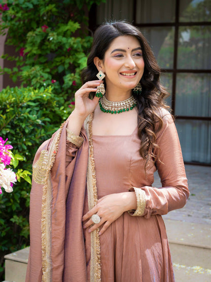 Dusty Rose Pink Anarkali Gown with Golden Border & Matching Dupatta