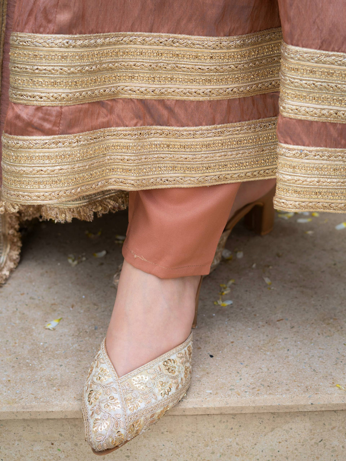 Dusty Rose Pink Anarkali Gown with Golden Border & Matching Dupatta