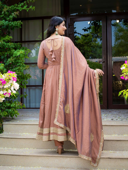 Dusty Rose Pink Anarkali Gown with Golden Border & Matching Dupatta