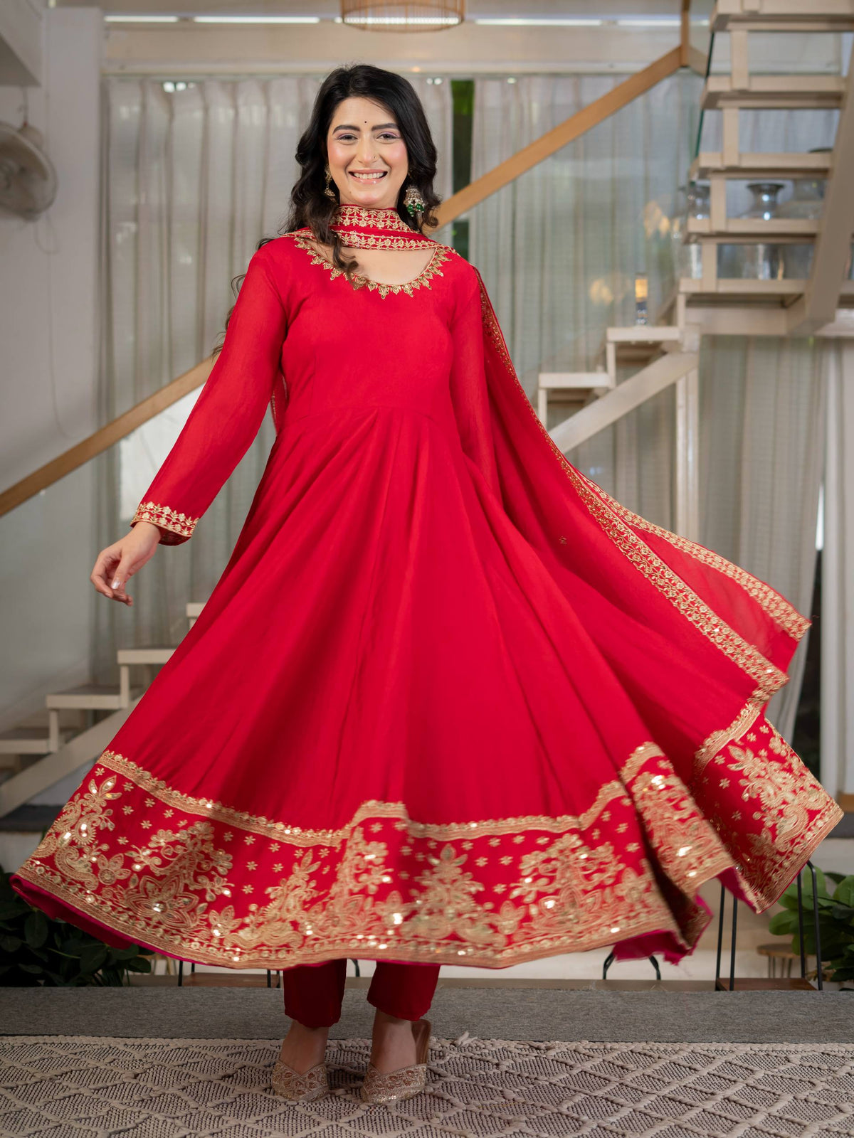 Red Anarkali Gown with Golden Embroidered Border & Matching Dupatta