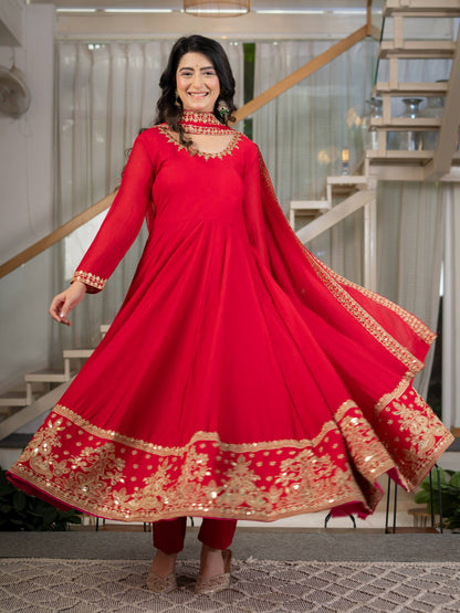 Red Anarkali Gown with Golden Embroidered Border & Matching Dupatta