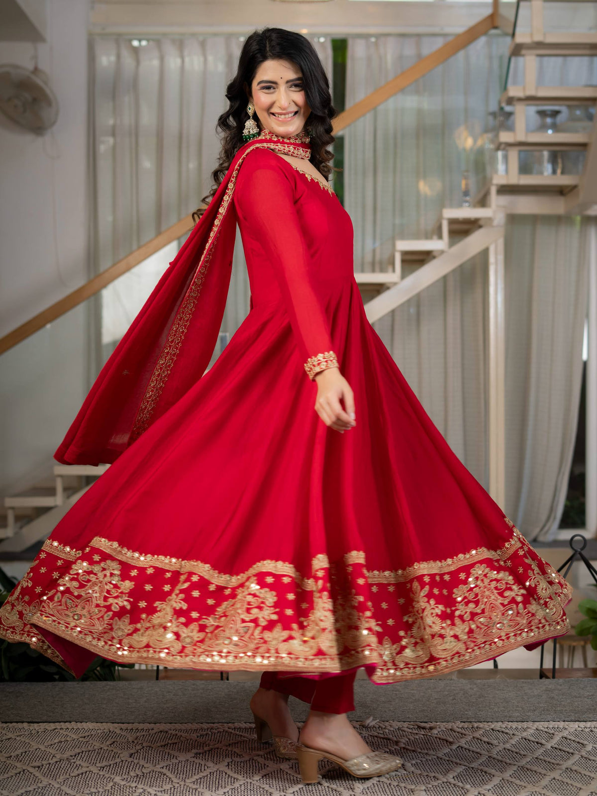 Red Anarkali Gown with Golden Embroidered Border & Matching Dupatta