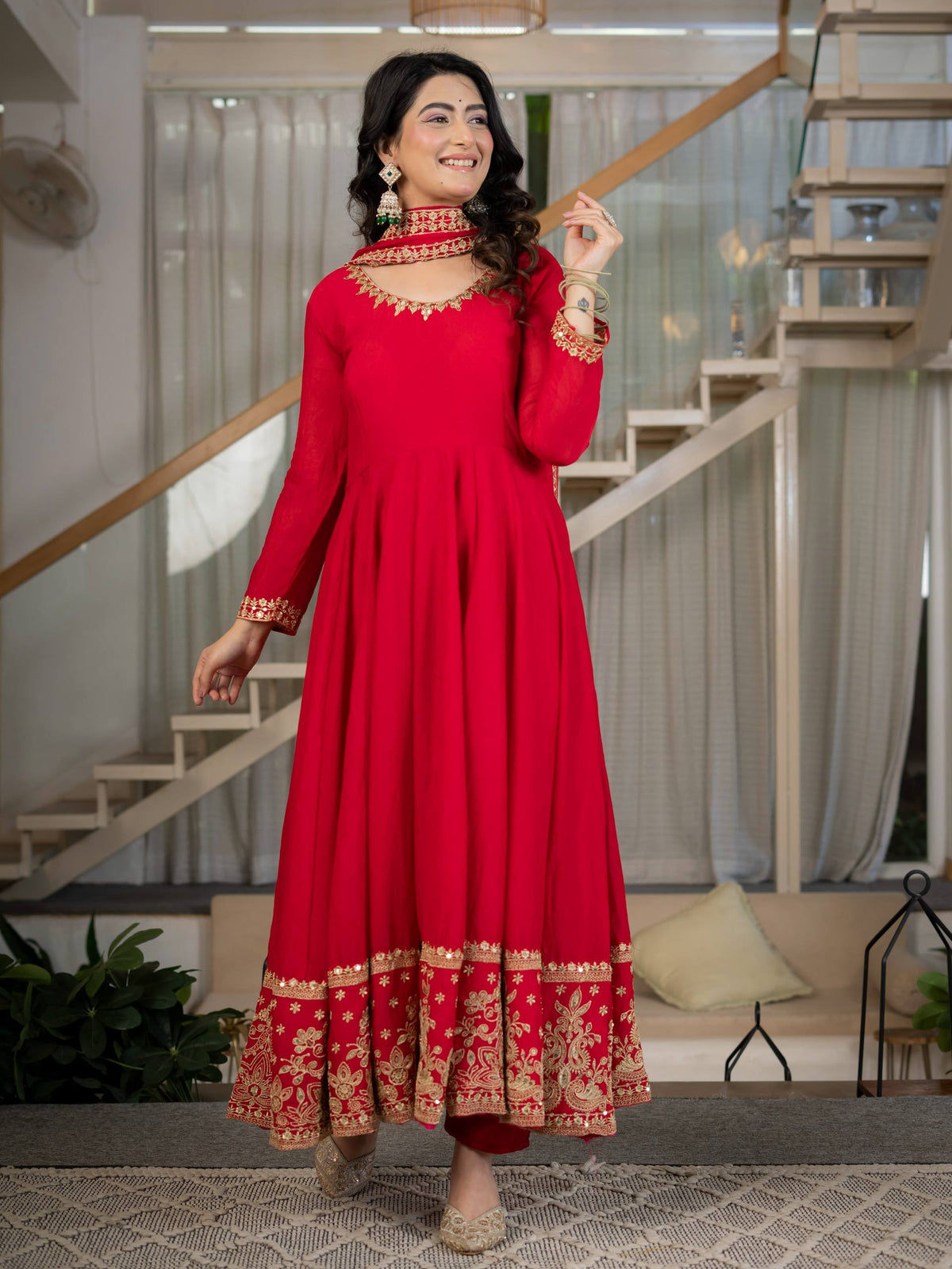 Red Anarkali Gown with Golden Embroidered Border & Matching Dupatta