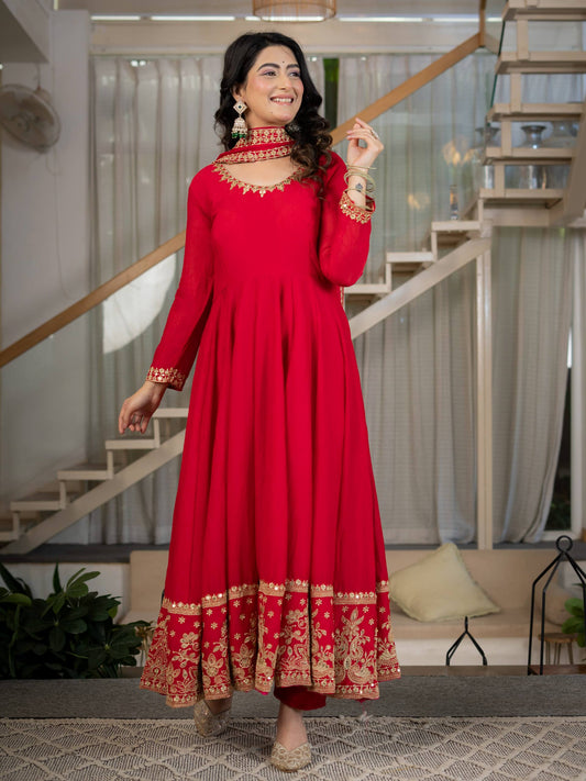 Red Anarkali Gown with Golden Embroidered Border & Matching Dupatta