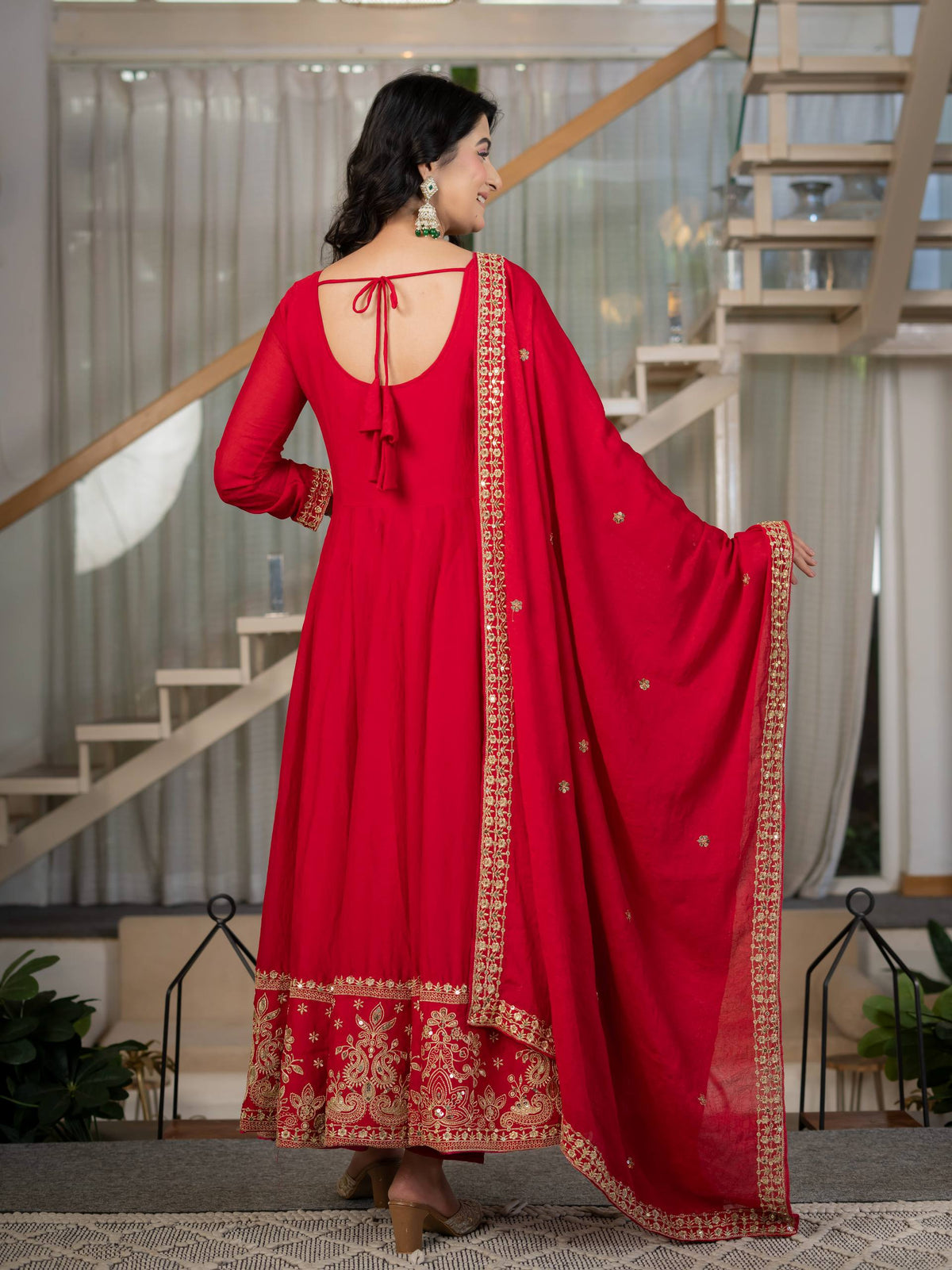 Red Anarkali Gown with Golden Embroidered Border & Matching Dupatta
