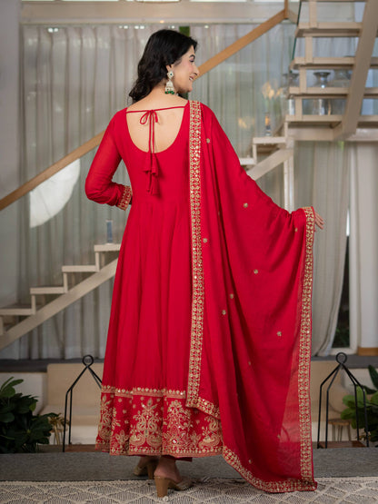 Red Anarkali Gown with Golden Embroidered Border & Matching Dupatta