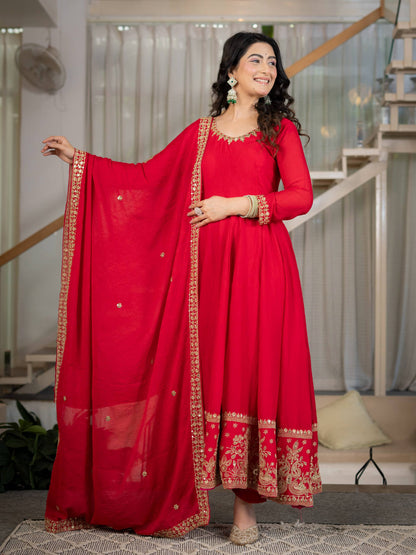 Red Anarkali Gown with Golden Embroidered Border & Matching Dupatta