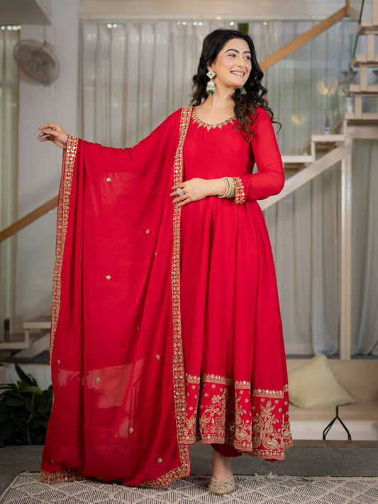 Red Anarkali Gown with Golden Embroidered Border & Matching Dupatta