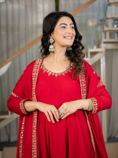 Red Anarkali Gown with Golden Embroidered Border & Matching Dupatta